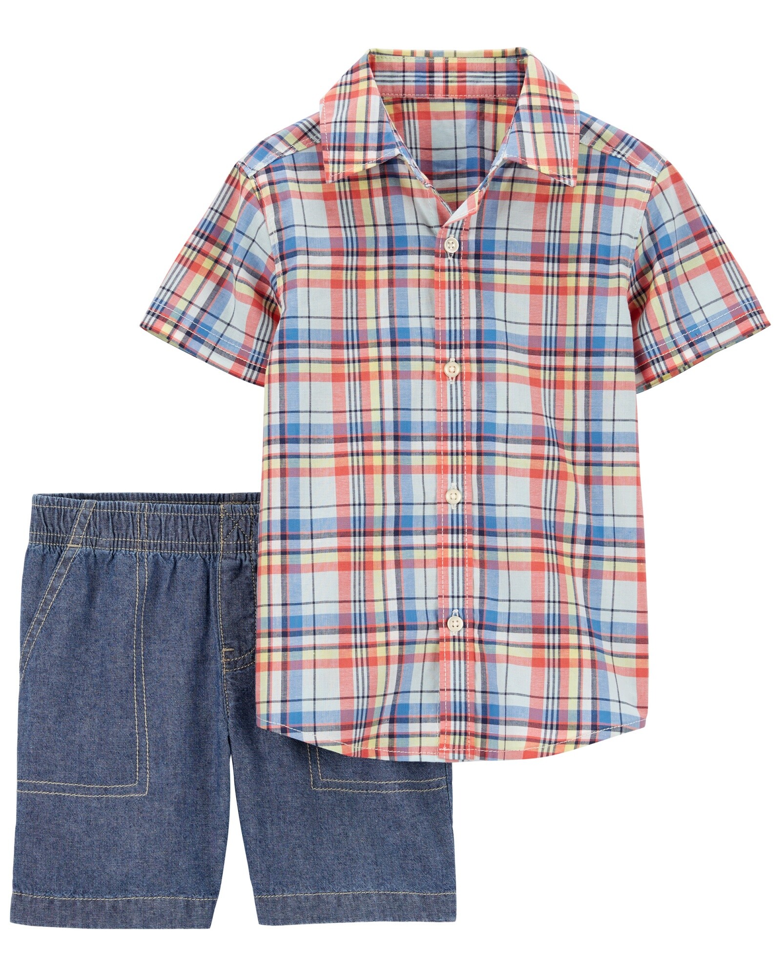Set dos piezas short jean y camisa a cuadros Sin color