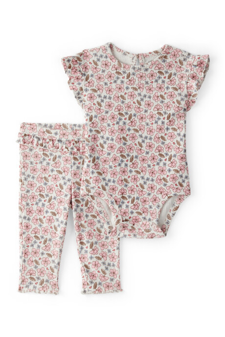 Set dos piezas de algodón acanalado, pantalón y body con volados, diseño floral Set dos piezas de algodón acanalado, pantalón y body con volados, diseño floral