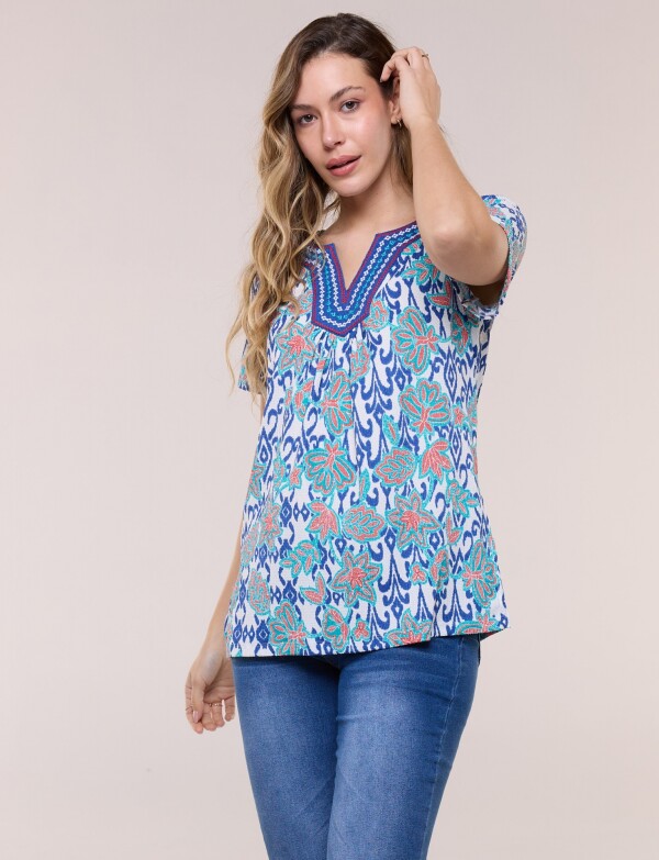 Blusa Con Escote Túnica Bordado MULTI/AZUL