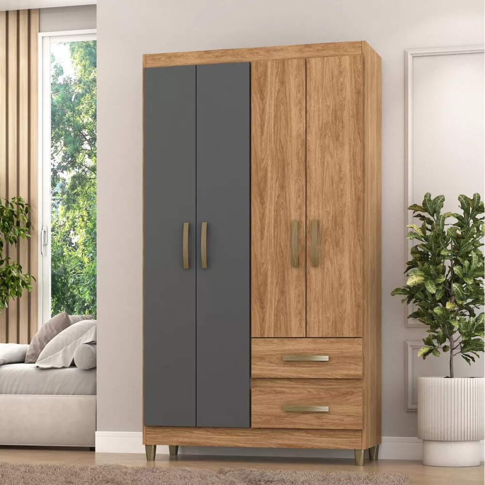 ROPERO 4 PUERTAS 2 CAJONES GUARDARROPA ARMARIO CLOSET PLACARD MARRÓN-GRIS