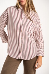 Camisa Rayada Con Lino Burdeos
