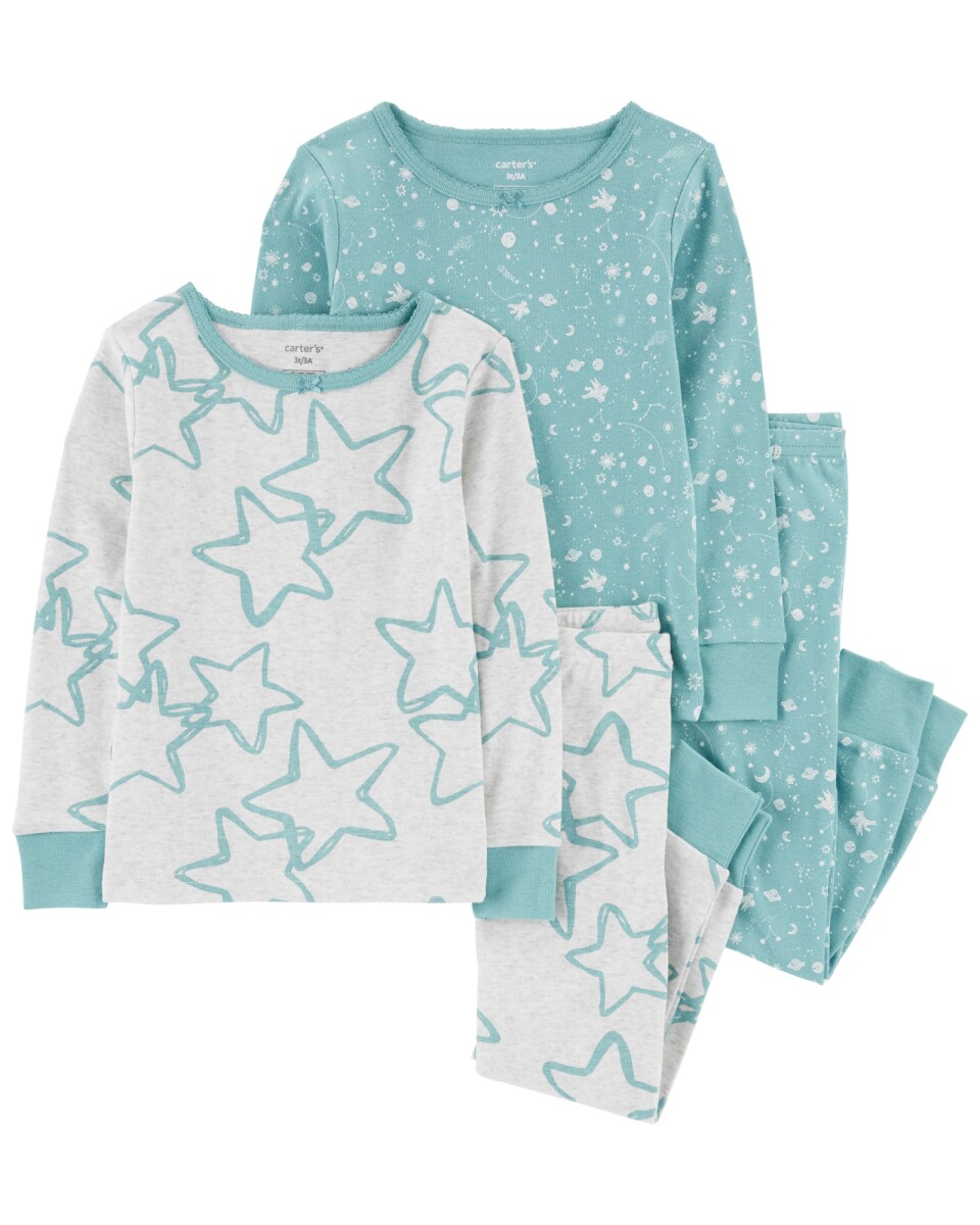 Pijama cuatro piezas de algodón, dos remeras y dos pantalones 