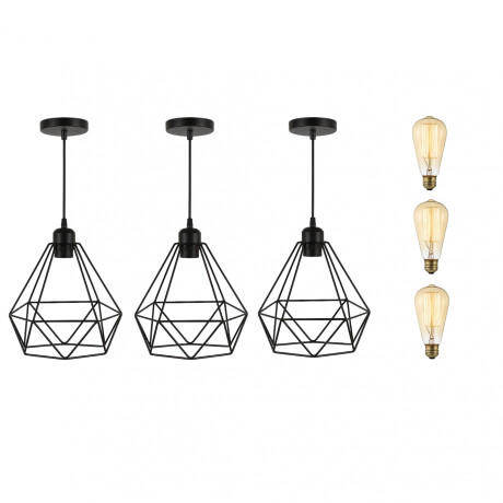 Lampara Colgante Jaula Diamante Pack X3 + Bombita Negro