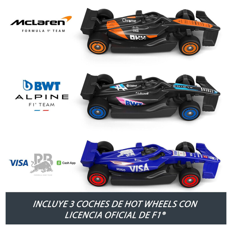 Pista de Carreras Formula 1 y Hot Wheels con 3 coches metálicos a Escala 1:64 Pista de Carreras Formula 1 y Hot Wheels con 3 coches metálicos a Escala 1:64