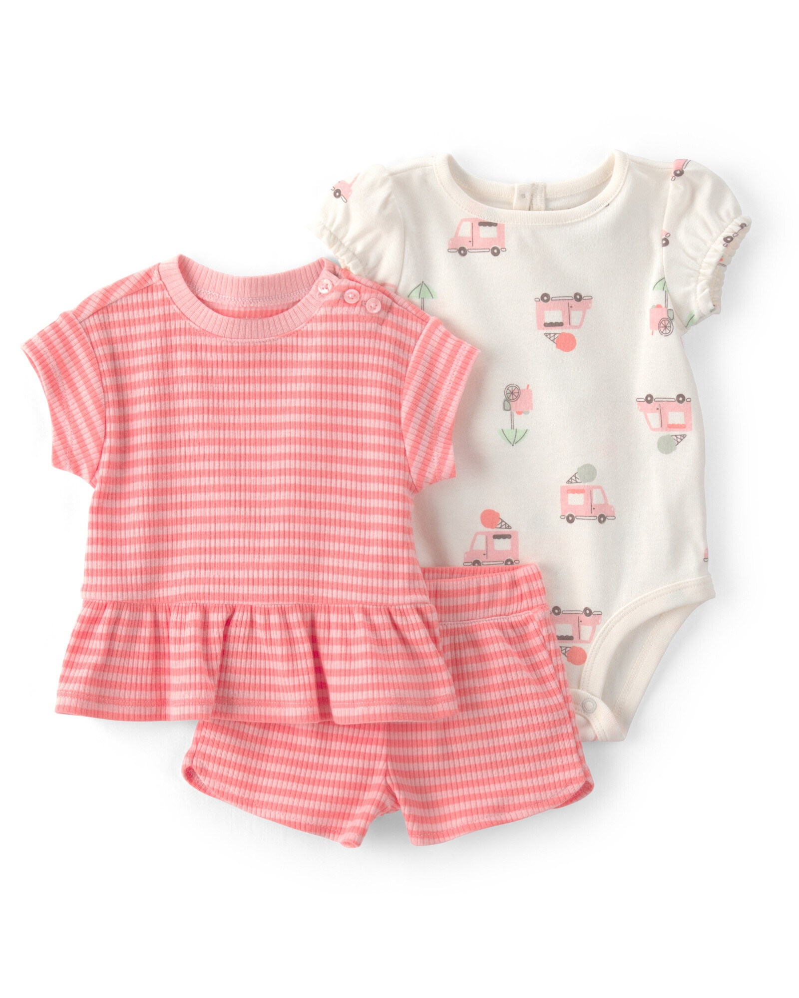 Set tres piezas de algodón, short, remera y body, rosado, diseño a rayas y camión de helados Set tres piezas de algodón, short, remera y body, rosado, diseño a rayas y camión de helados