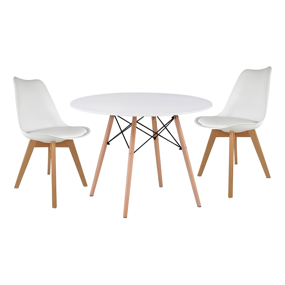 Juego de comedor Con Mesa Circular de 80 cm + 2 sillas Eames Acolchonadas - Blanco 