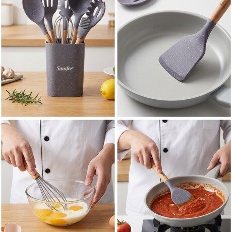 Set Utensilios Cocina Sonifer Silicona Mango Madera 9 Piezas Gris