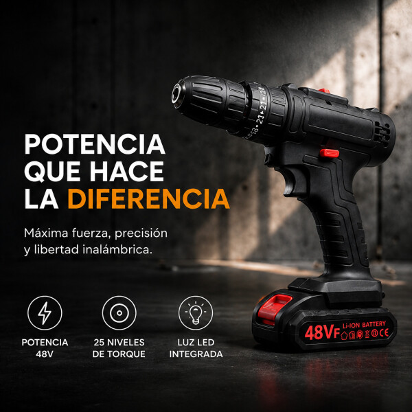 Taladro Percutor Atornillador + 2 Baterías 48V Inalambrico Negro