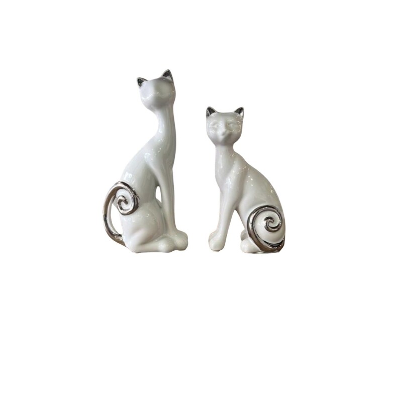 Juego de 2 Gatos En Cerámica - Blanco Y Plateado Juego de 2 Gatos En Cerámica - Blanco Y Plateado