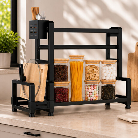 Set Organizador Especiero + 7 Recipientes Herméti Tapa Bambu Negro