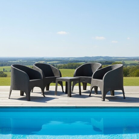 Set x4 sillones simíl ratán + Mesa cuadrada GRIS