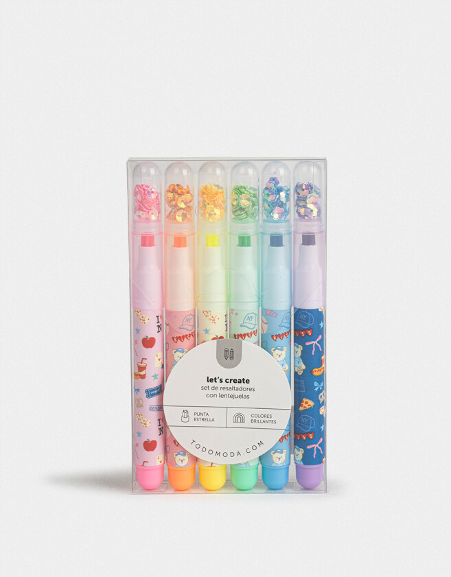 Resaltadores Lúdico Set De 6 Resaltores Con Lentejuelas En Punta De Estrella - Combinacion Multicolor