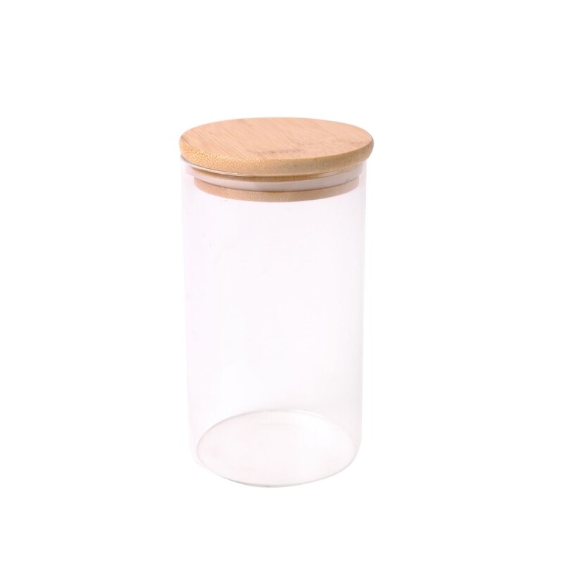 Frasco de vidrio con tapa de madera 8.5x15 cm Frasco De Vidrio Con Tapa De Madera 8.5x15 Cm