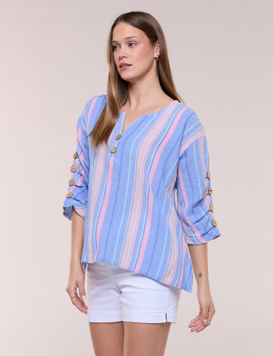 Blusa Algodón Botones - Multi/celeste 