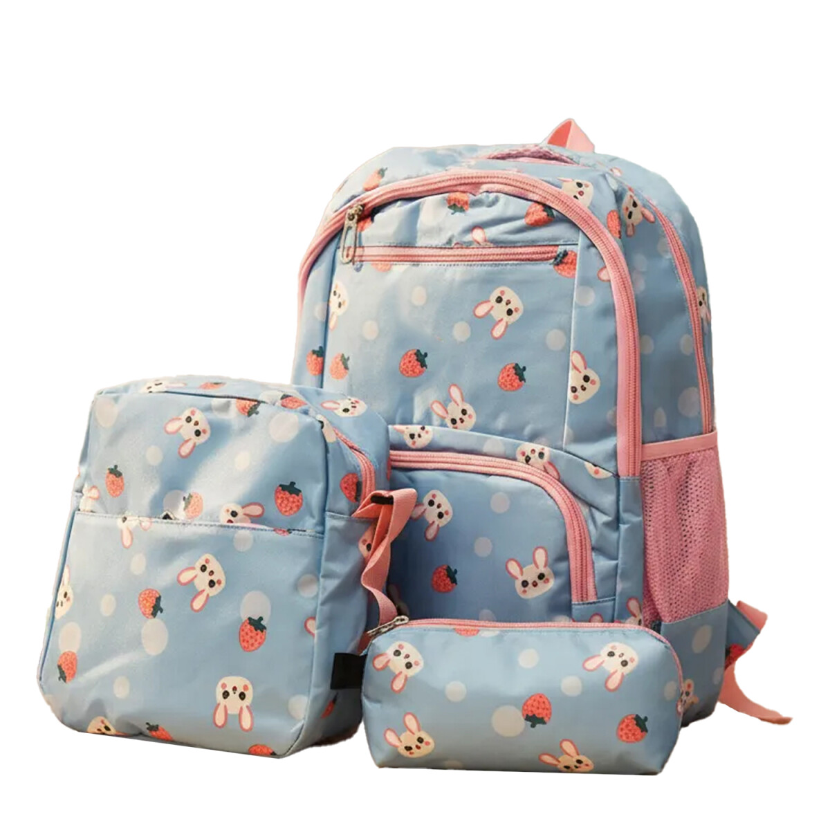 Set Mochila 3 Piezas Diseño Frutillitas Escolar Resistente - Celeste 