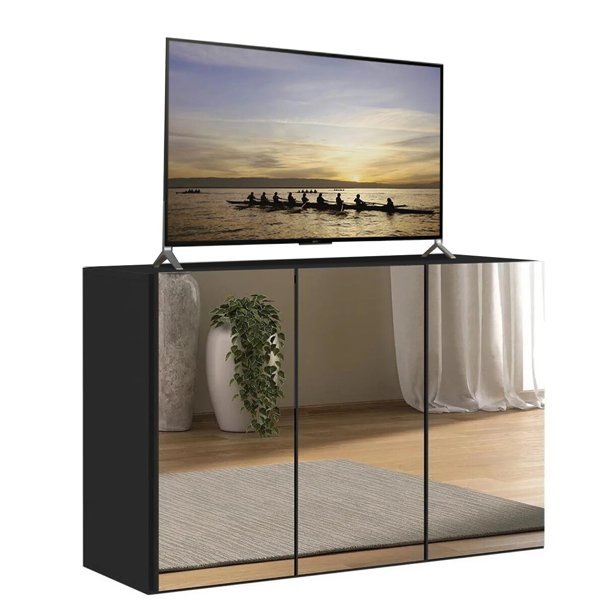 RACK APARADOR PARA TV O AUDIO 3 PUERTAS CON ESPEJOS - NEGRO 