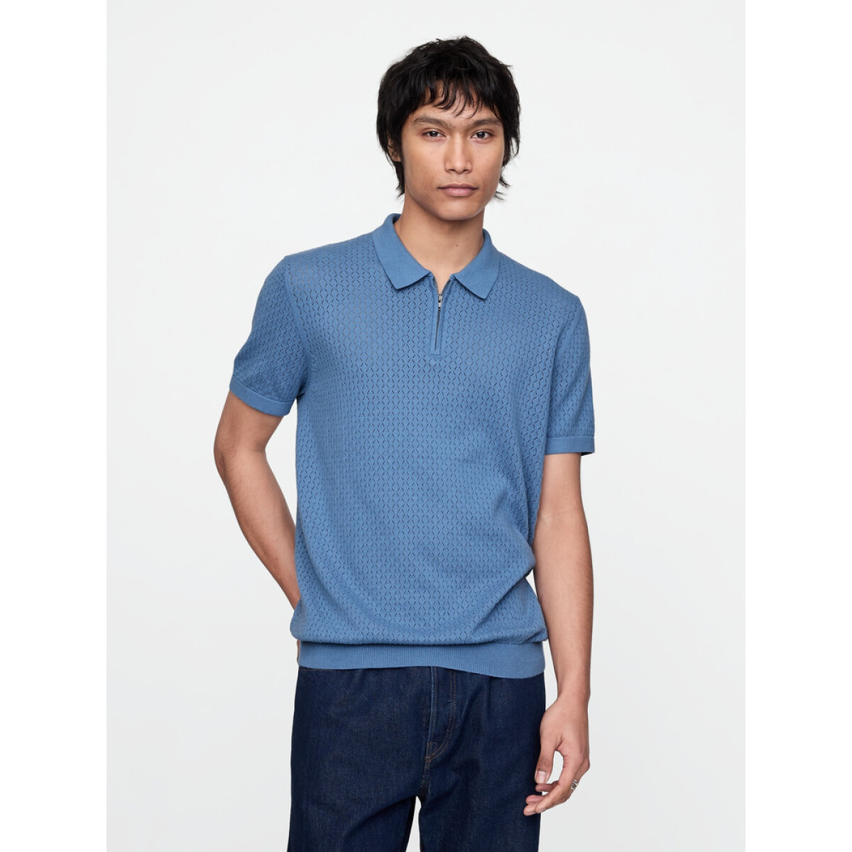 SS COTTON ZIP POLO - SOFT CORNFLOWER 