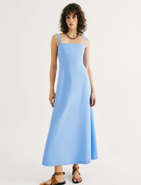 VESTIDO MIDI EN TEJIDO DE LINO CELESTE