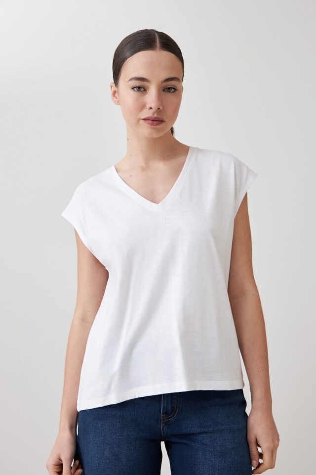 Remera escote en V con detalle en espalda blanco