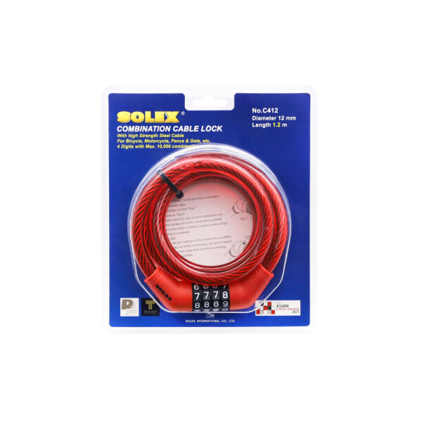 Candado De Combinacion Con Cable (1.2 Mts) - Solex - Color Rojo Candado De Combinacion Con Cable (1.2 Mts) - Solex - Color Rojo