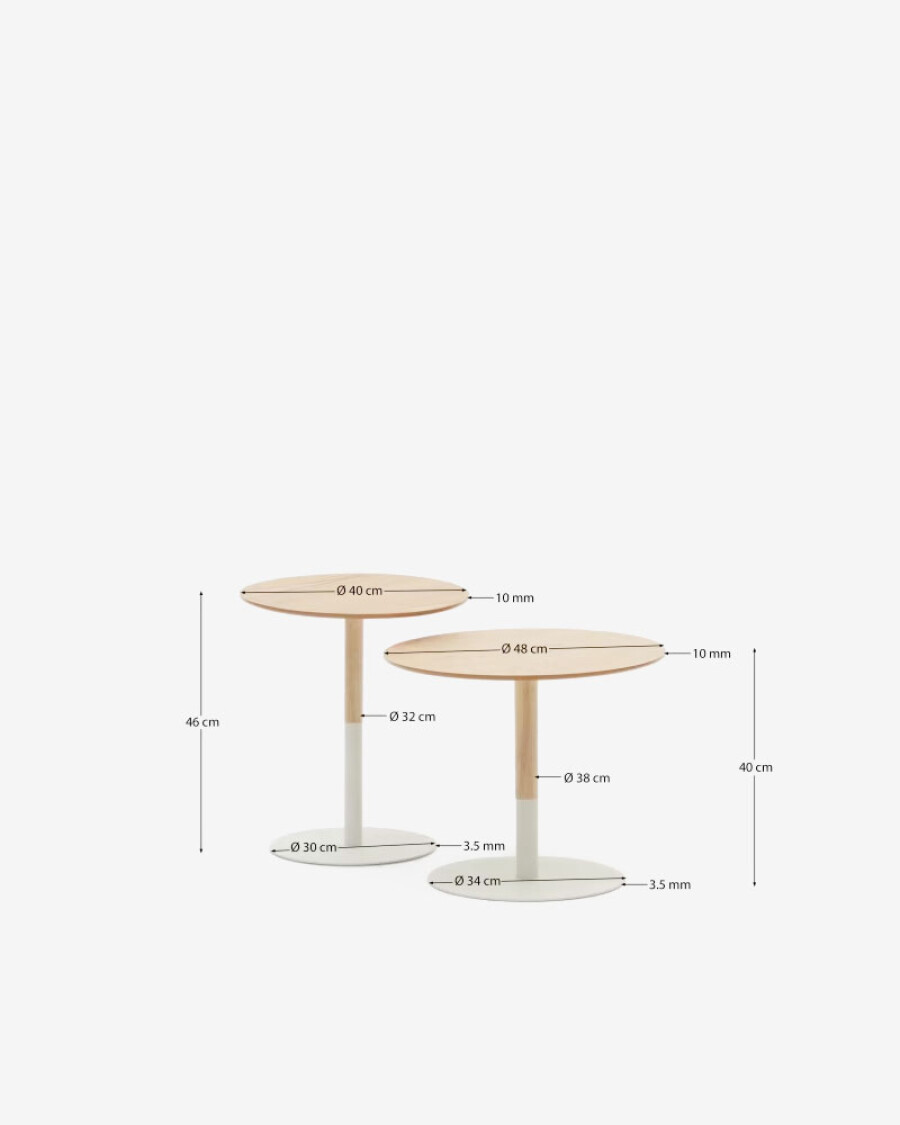 Set Watse de 2 mesas auxiliares chapa roble y metal pintado blanco mate Ø 40 cm/Ø 48 cm