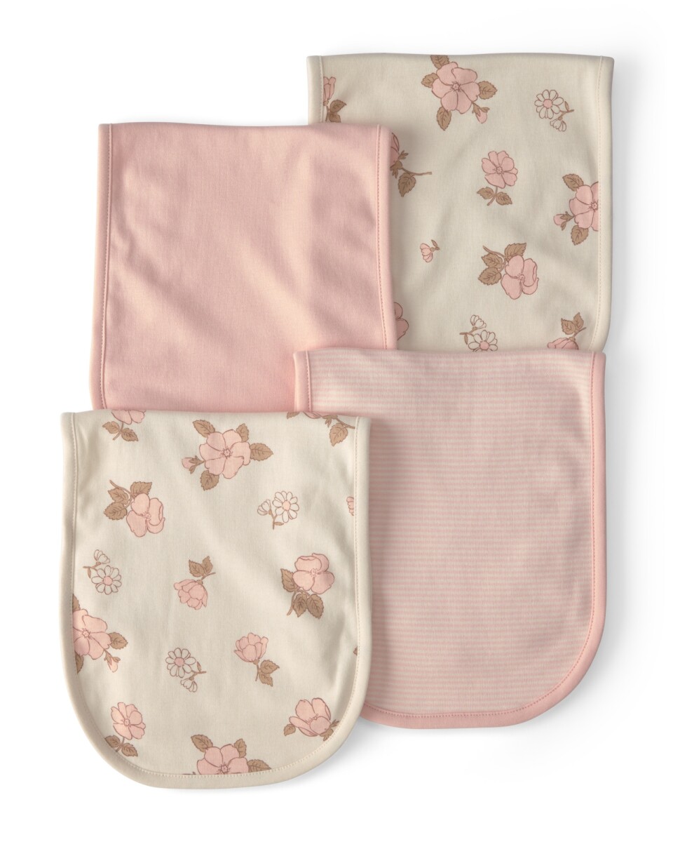 Pack cuatro babitas de algodón, rosadas, diseños flores y rayas 
