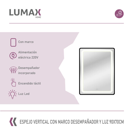Espejo Vertical Lumax c/marco desempañador y Luz 90x70cm Negro