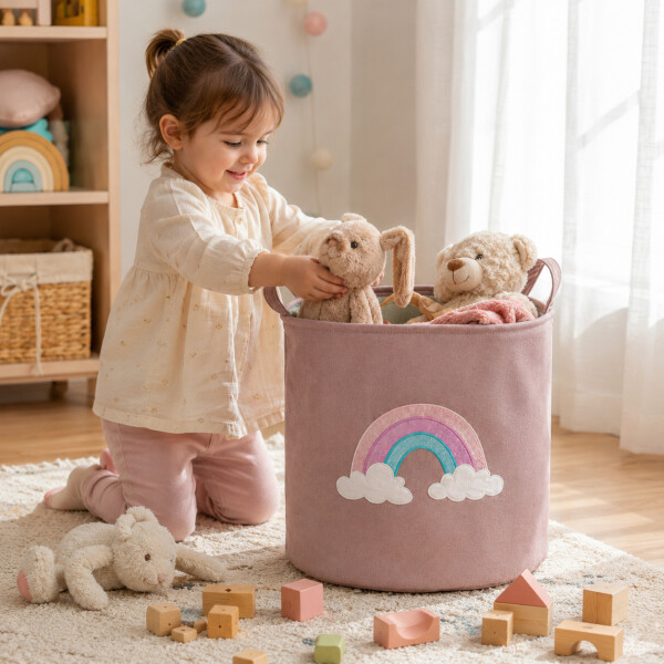 Canasto Organizador Infantil Arcoíris Tela Multiuso Bebé Rosa 1