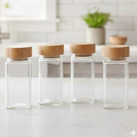 Frasco especiero con tapa de madera x4 TRANSPARENTE