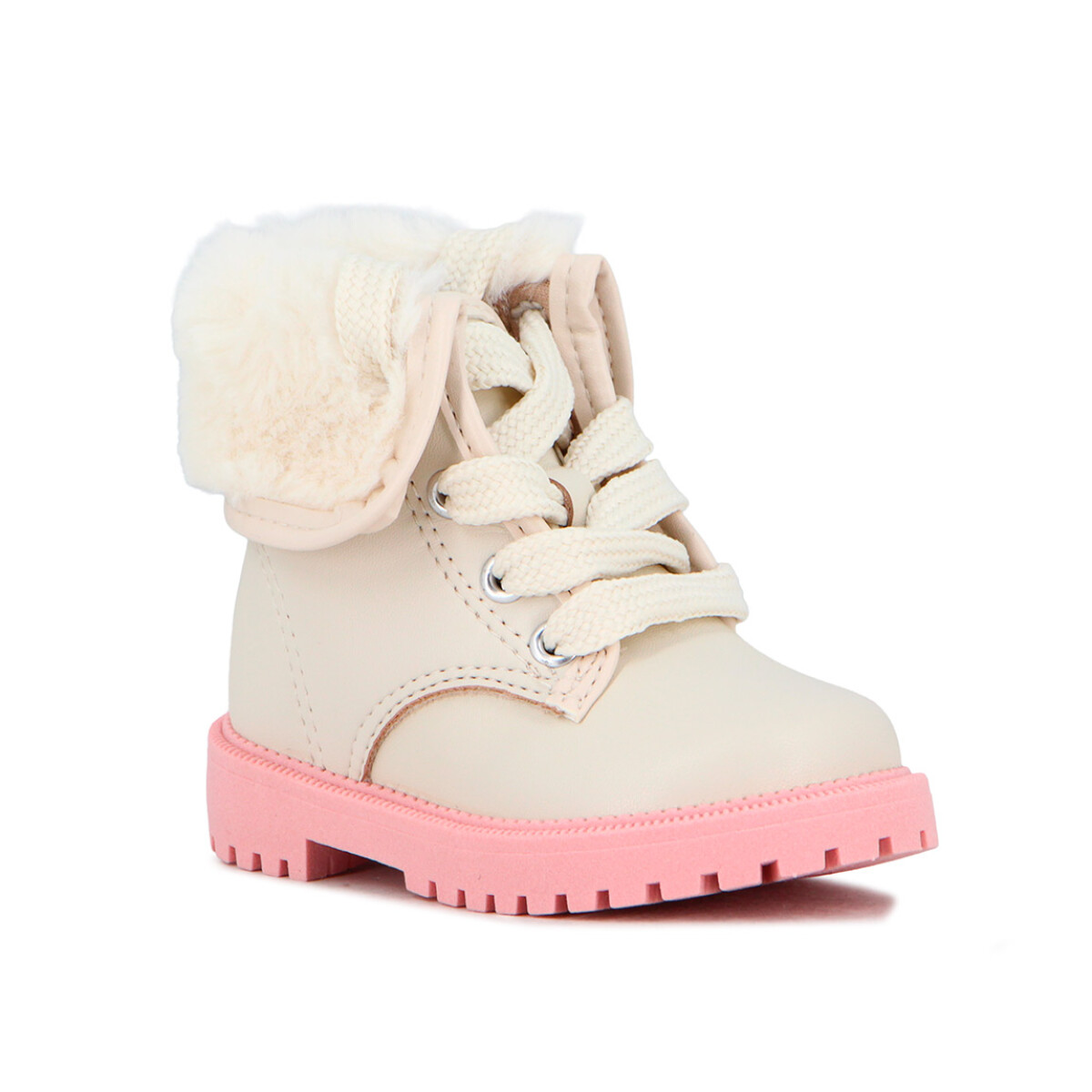 Molekinha Bota Acordonada Con Pliege De Peluche - Blanco-rosa Claro 