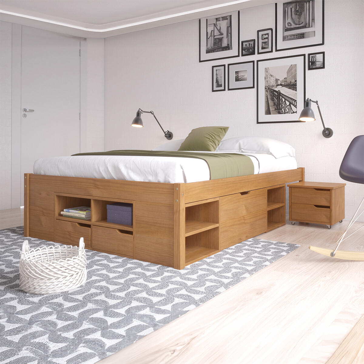 Cama 2 plazas con Cajones Madera maciza - Charme - Amendoa 
