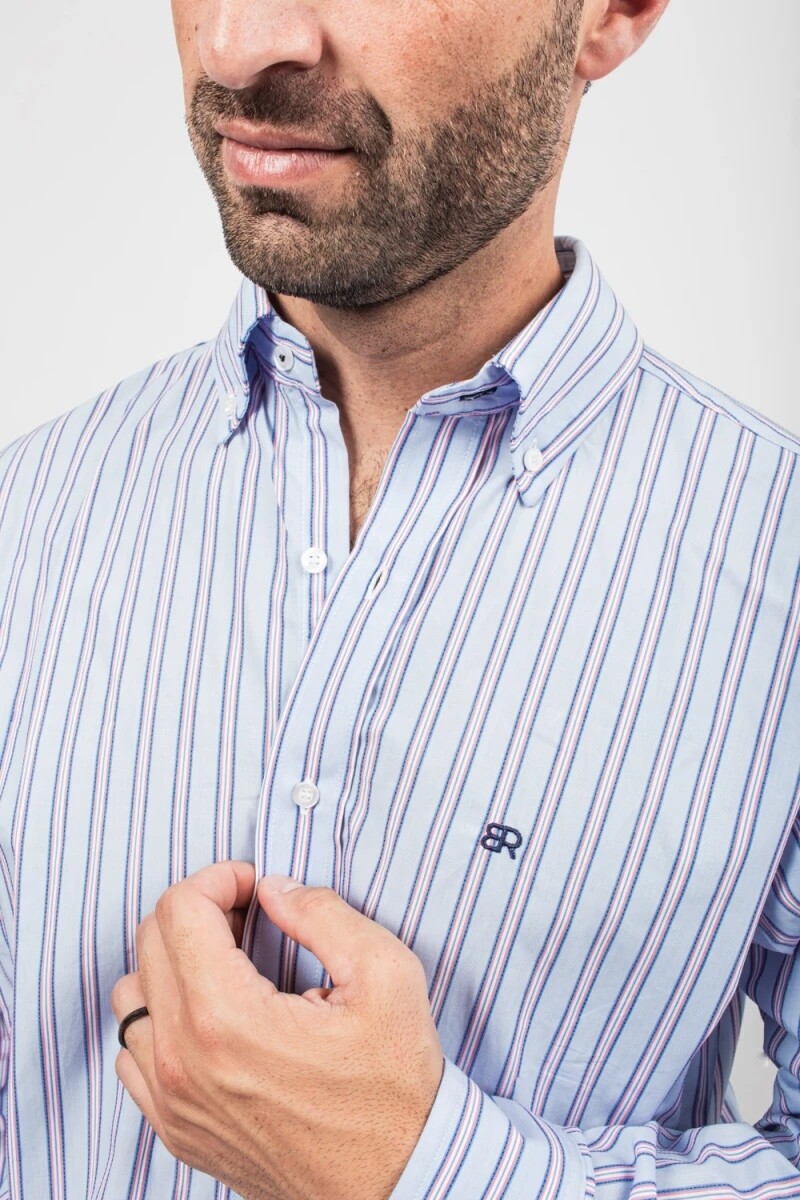 Camisa Oxford Rayada Celeste y Lila
