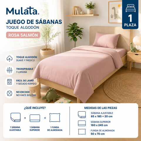 Juego De Sabanas 1 Plaza Toque Algodón Sommier Infantil - Rosa Salmón Juego De Sabanas 1 Plaza Toque Algodón Sommier Infantil - Rosa Salmón