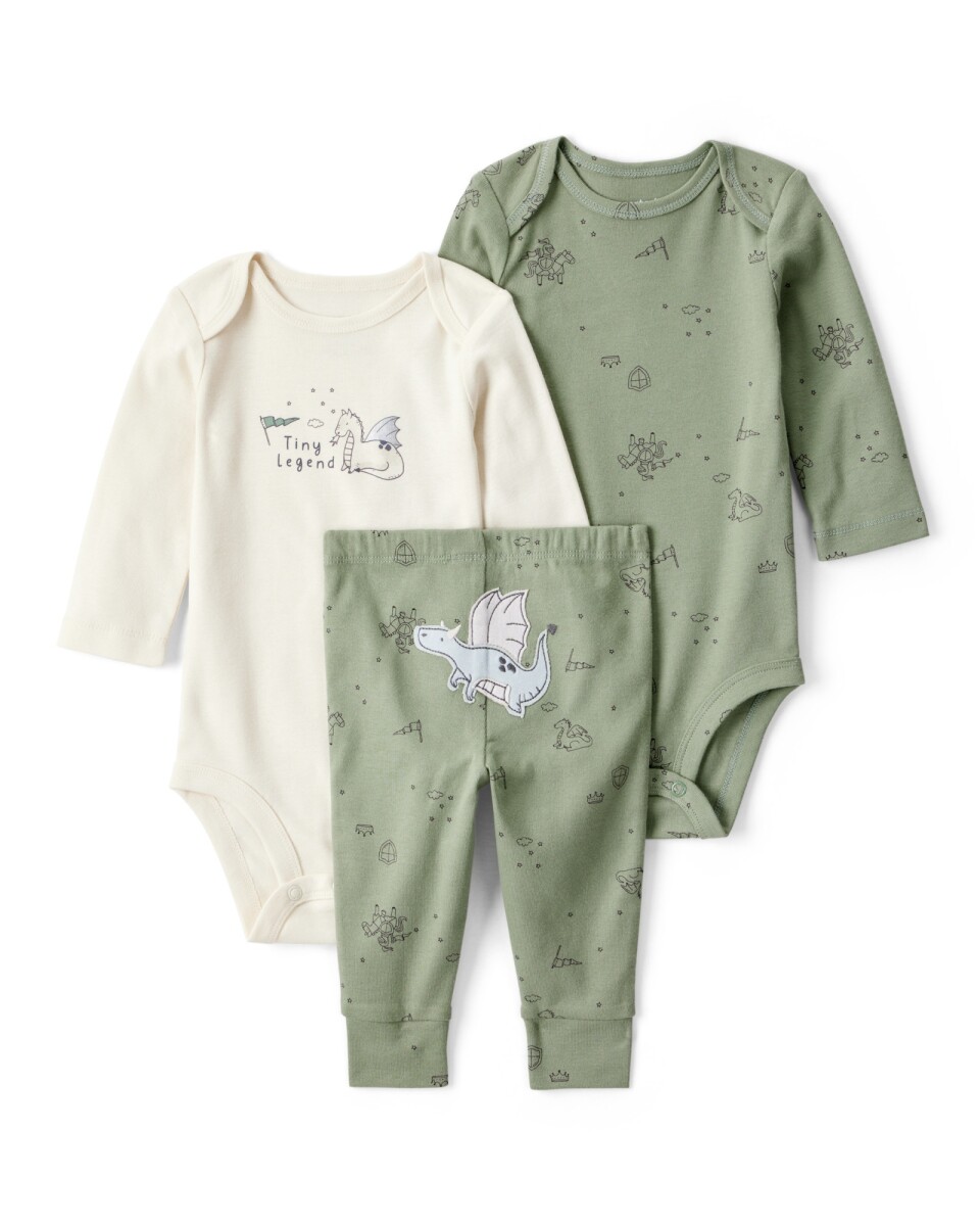 Set tres piezas de algodón, pantalón y dos bodies, diseño dragón 