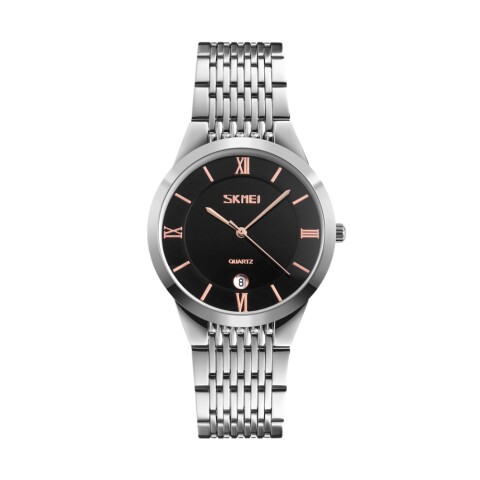 Reloj Skmei 9139BKGD-B analógico en acero plateado con esfera negra y marcadores dorados rosé (caja clásica 38 mm) Plateado