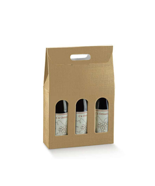 CAJA C/VENTANA 3 BOTELLAS 27X9X38,5 cm SETA ORO