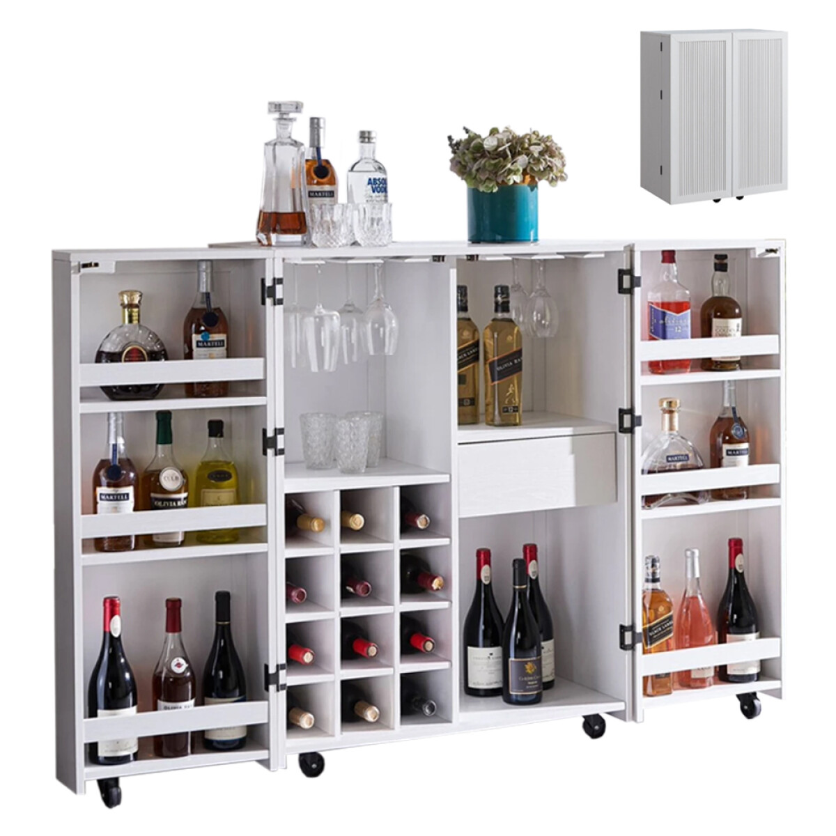 BAR TRANSFORMABLE BUFFET BOTELLERO COPERO CON RUEDAS 