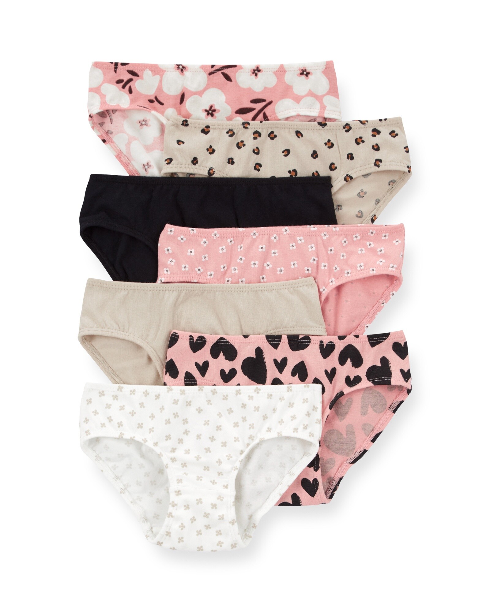 Pack siete bombachas de algodón, diseños florales, corazones y animal print Sin color