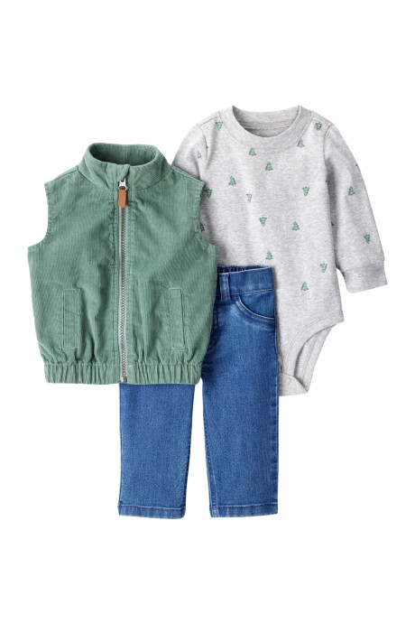 Set tres piezas, chaleco de pana, pantalón jean y body de algodón Set tres piezas, chaleco de pana, pantalón jean y body de algodón