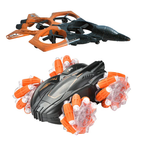 Set Juegos Control Remoto Auto Acrobacia 360 + Avión Combate Naranja