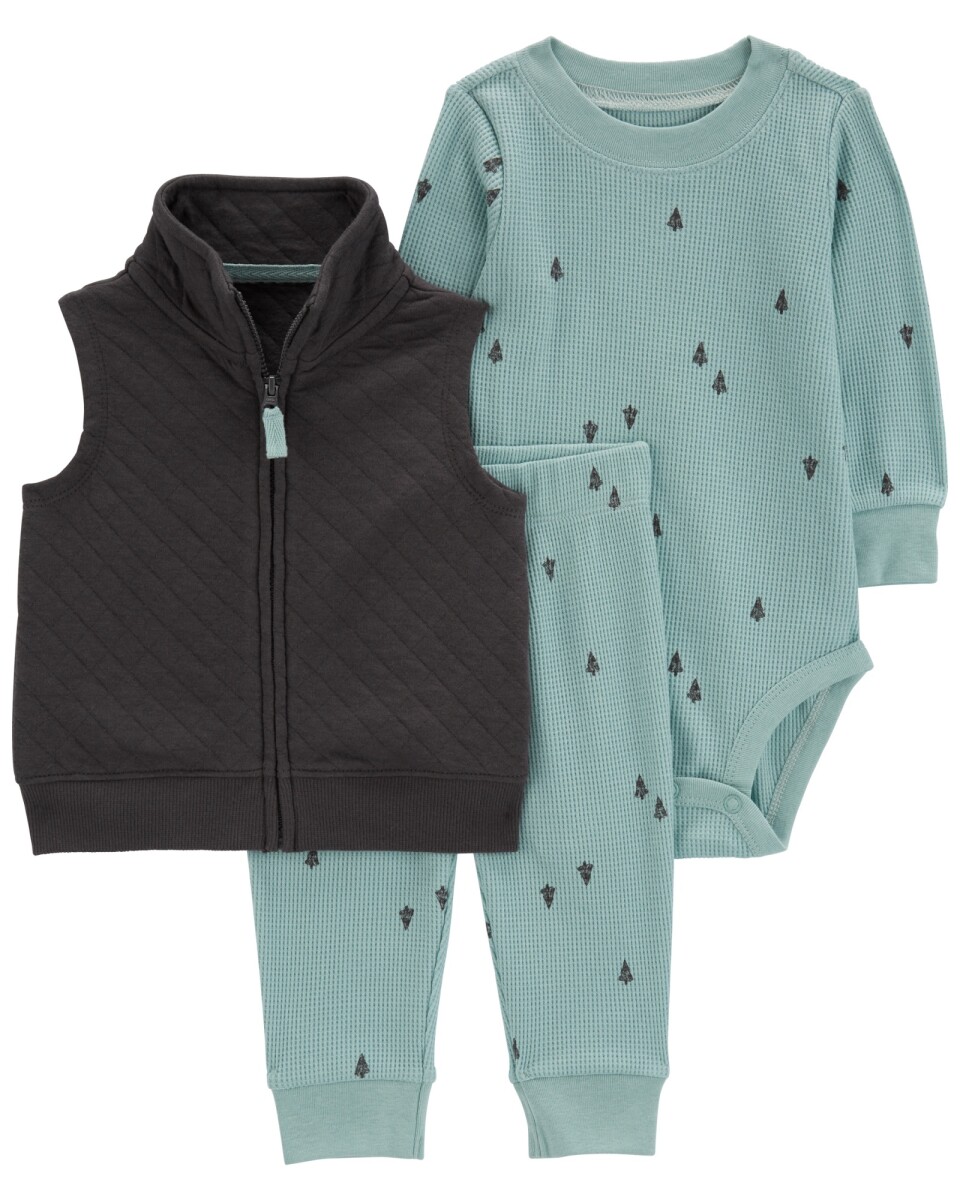 Set tres piezas de algodón, chaleco capitoneado, pantalón y body térmicos 