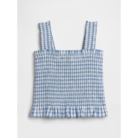 V-SMOCKED WOVEN TOP NAVY GINGHAM
