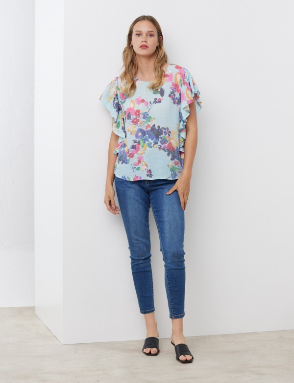 Blusa Manga Volados CELESTE/MULTI