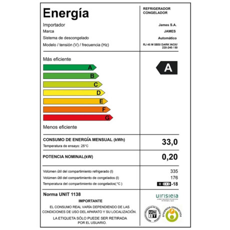 Heladera JAMES RJ45 Inverter 511 Litros Inox