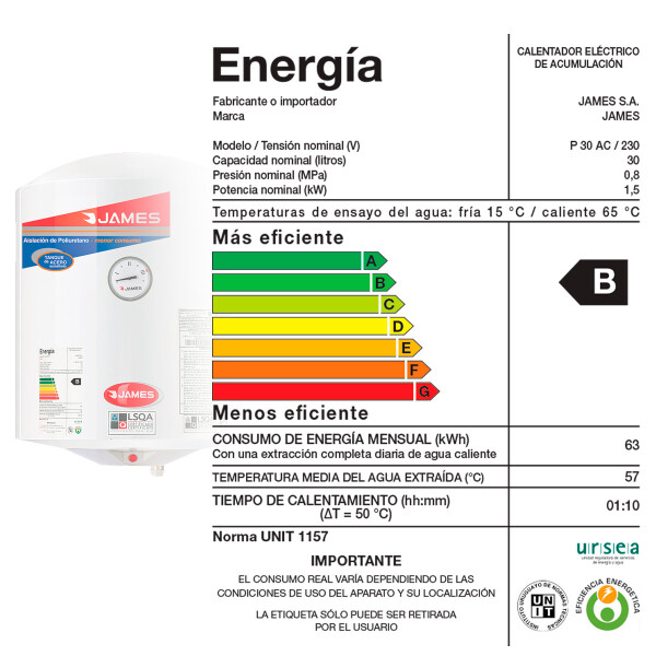 Termotanque Calefón James 30 L. TERMOTANQUE JAMES ACERO 30L CILI 2134 AP