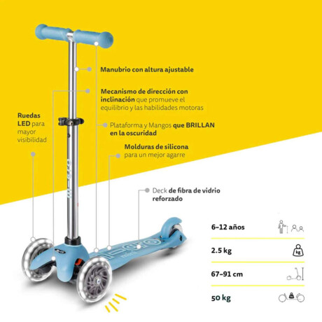 Monopatín Micro Maxi Glow LED Ajustable con 3 Ruedas Azul