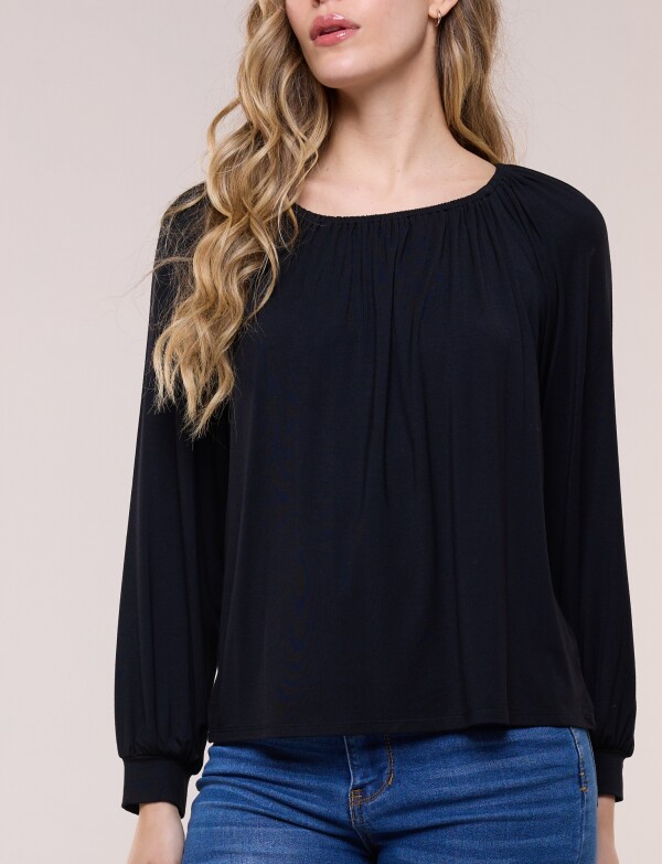 Blusa Modal Escote Fruncido Y Mangas Largas NEGRO
