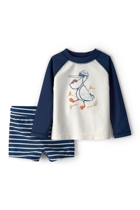 Traje de baño dos piezas, remera manga larga y short, con protección UPF 50+, estampa pelícano Traje de baño dos piezas, remera manga larga y short, con protección UPF 50+, estampa pelícano