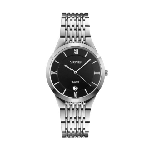 Reloj Skmei 9139BKSI-B analógico en acero plateado con esfera negra y marcadores plateados (caja clásica 38 mm) Negro