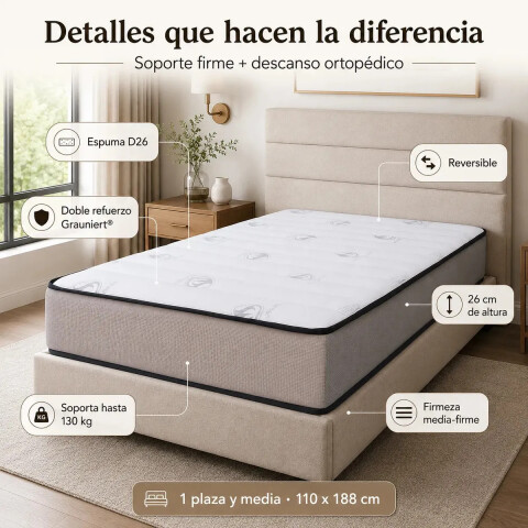 Colchon MEGA DENSIDAD Espuma Ortopédico 1y1/2 Plaza - 110 cm